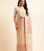 beige embroiderd pure cotton saree with unstitched blouse piece
