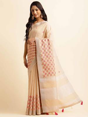 beige embroiderd pure cotton saree with unstitched blouse piece 2