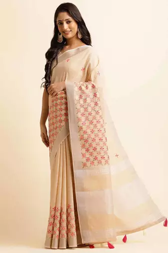beige embroiderd pure cotton saree with unstitched blouse piece
