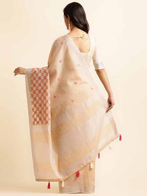 beige embroiderd pure cotton saree with unstitched blouse piece 3