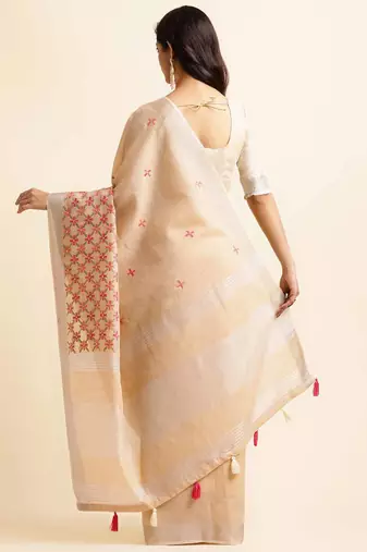 beige embroiderd pure cotton saree with unstitched blouse piece