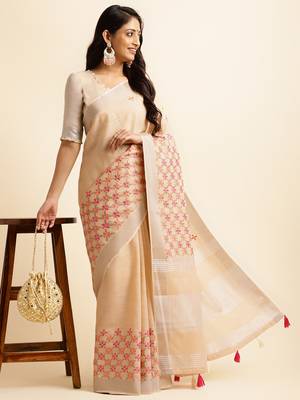 beige embroiderd pure cotton saree with unstitched blouse piece 4