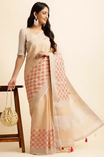 beige embroiderd pure cotton saree with unstitched blouse piece