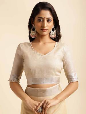 beige embroiderd pure cotton saree with unstitched blouse piece 5