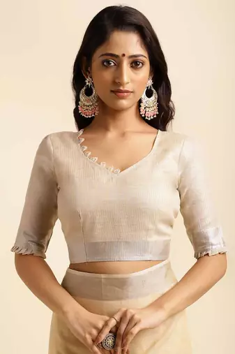 beige embroiderd pure cotton saree with unstitched blouse piece