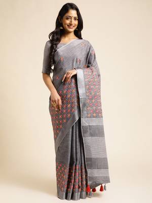 grey embroiderd pure cotton saree with unstitched blouse piece 1