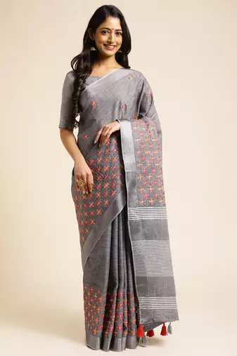 grey embroiderd pure cotton saree with unstitched blouse piece