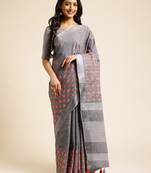 grey embroiderd pure cotton saree with unstitched blouse piece