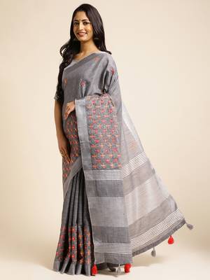 grey embroiderd pure cotton saree with unstitched blouse piece 2