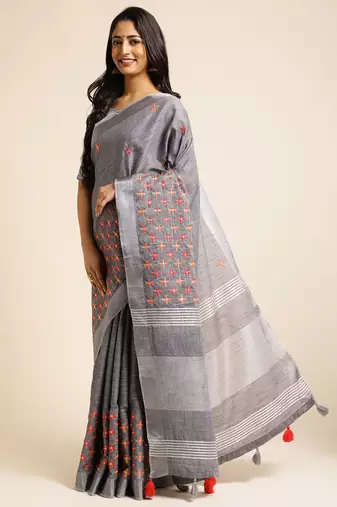 grey embroiderd pure cotton saree with unstitched blouse piece