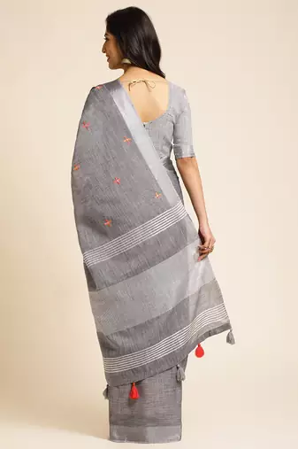 grey embroiderd pure cotton saree with unstitched blouse piece