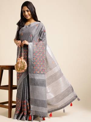 grey embroiderd pure cotton saree with unstitched blouse piece 4