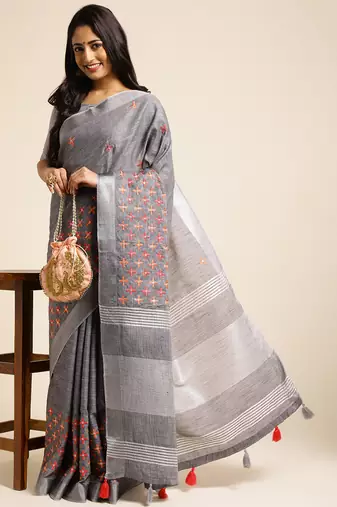 grey embroiderd pure cotton saree with unstitched blouse piece