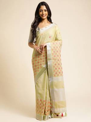 lime embroiderd pure cotton saree with unstitched blouse piece 1