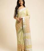 lime embroiderd pure cotton saree with unstitched blouse piece