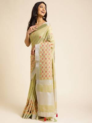 lime embroiderd pure cotton saree with unstitched blouse piece 2