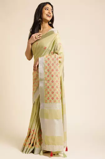 lime embroiderd pure cotton saree with unstitched blouse piece