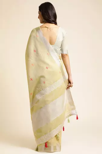 lime embroiderd pure cotton saree with unstitched blouse piece
