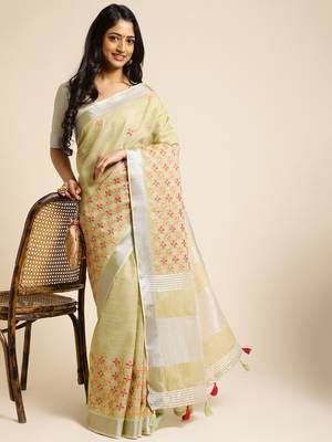 lime embroiderd pure cotton saree with unstitched blouse piece 4