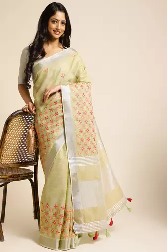 lime embroiderd pure cotton saree with unstitched blouse piece