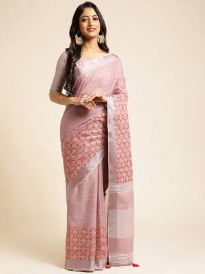 mauve embroiderd pure cotton saree with unstitched blouse piece 1