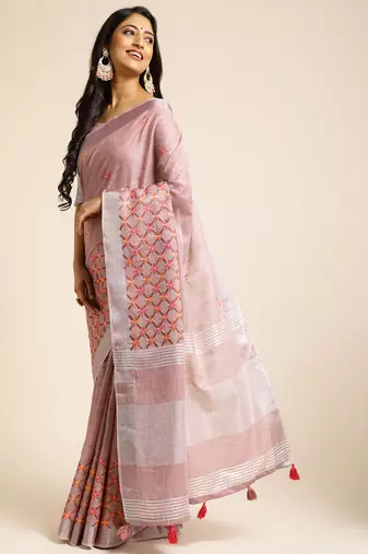 mauve embroiderd pure cotton saree with unstitched blouse piece