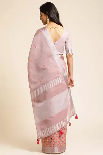 mauve embroiderd pure cotton saree with unstitched blouse piece