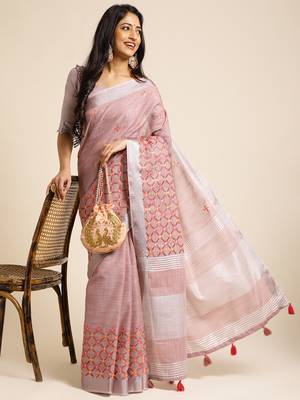 mauve embroiderd pure cotton saree with unstitched blouse piece 4