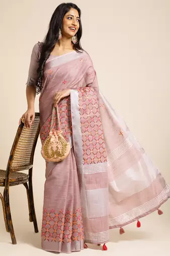 mauve embroiderd pure cotton saree with unstitched blouse piece