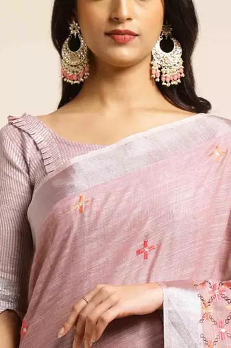 mauve embroiderd pure cotton saree with unstitched blouse piece