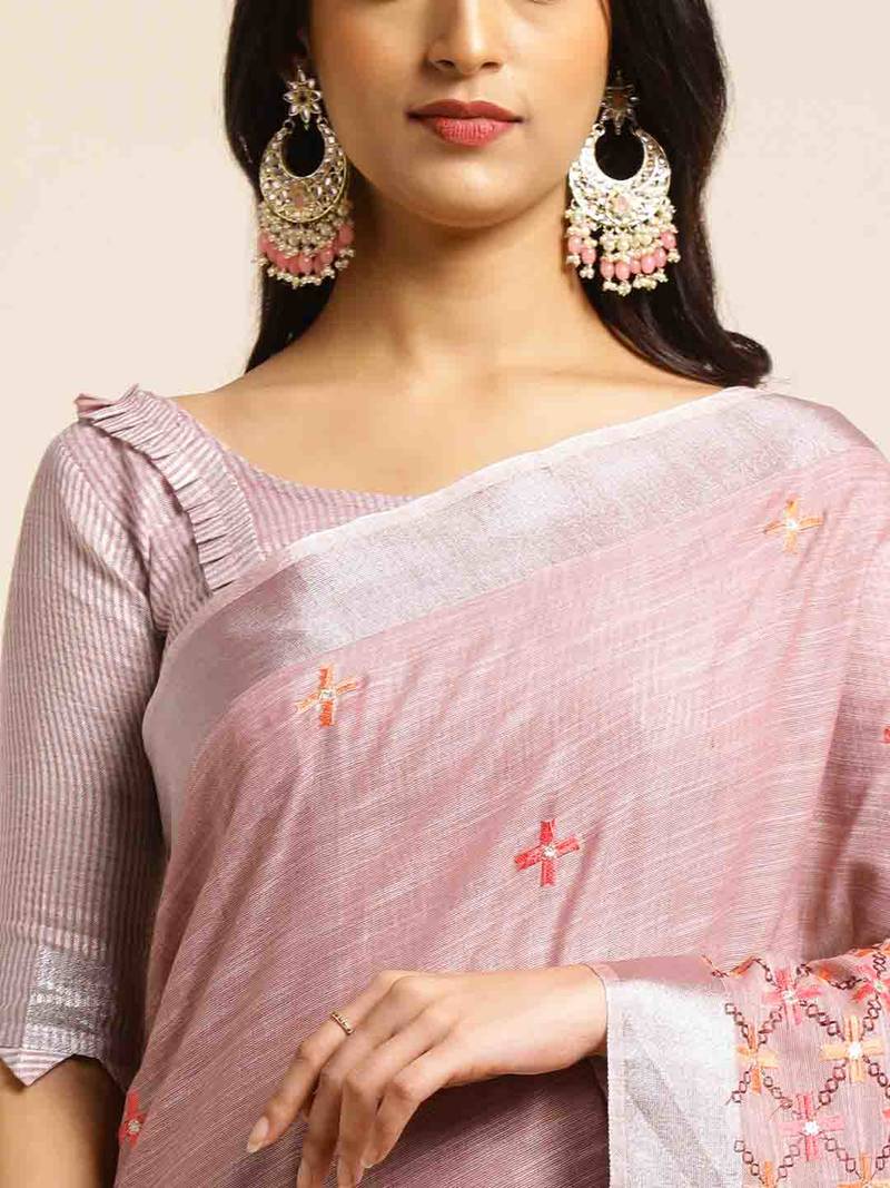 mauve embroiderd pure cotton saree with unstitched blouse piece
