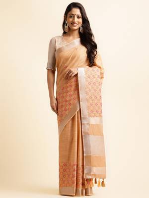 orange embroiderd pure cotton saree with unstitched blouse piece 1