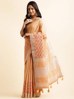 orange embroiderd pure cotton saree with unstitched blouse piece 2