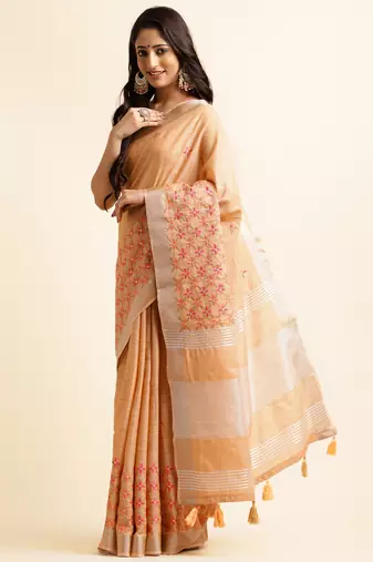 orange embroiderd pure cotton saree with unstitched blouse piece