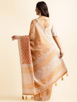 orange embroiderd pure cotton saree with unstitched blouse piece 3