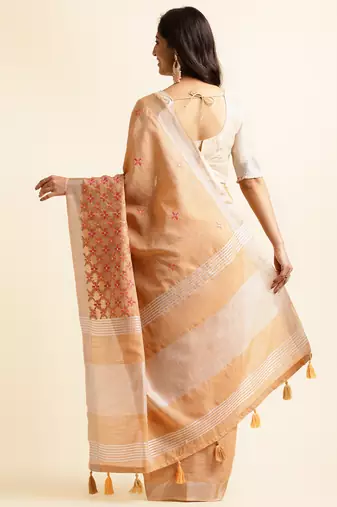 orange embroiderd pure cotton saree with unstitched blouse piece