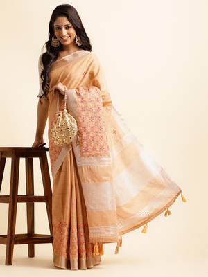 orange embroiderd pure cotton saree with unstitched blouse piece 4