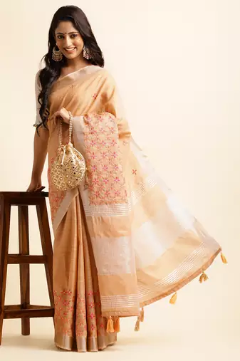 orange embroiderd pure cotton saree with unstitched blouse piece