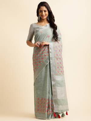 sky blue embroiderd pure cotton saree with unstitched blouse piece 1