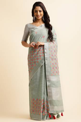 sky blue embroiderd pure cotton saree with unstitched blouse piece