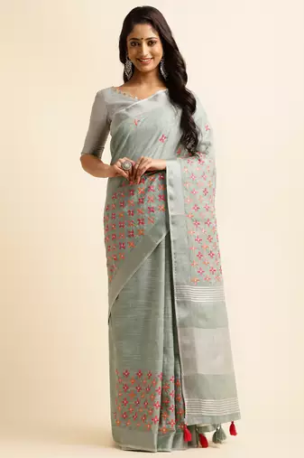 sky blue embroiderd pure cotton saree with unstitched blouse piece
