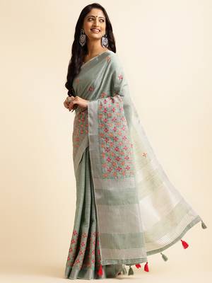 sky blue embroiderd pure cotton saree with unstitched blouse piece 2