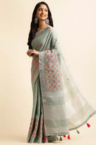 sky blue embroiderd pure cotton saree with unstitched blouse piece