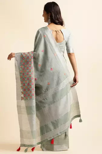 sky blue embroiderd pure cotton saree with unstitched blouse piece