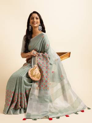 sky blue embroiderd pure cotton saree with unstitched blouse piece 4