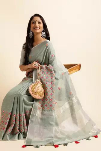 sky blue embroiderd pure cotton saree with unstitched blouse piece