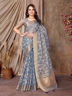 grey printed khadi silk blend saree with unstitched blouse piece 1