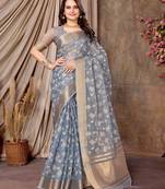 grey printed khadi silk blend saree with unstitched blouse piece