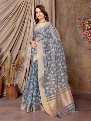 grey printed khadi silk blend saree with unstitched blouse piece 2