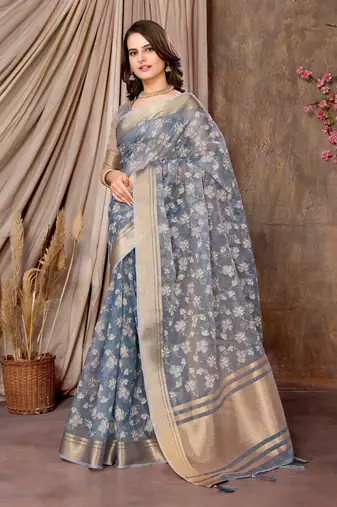 grey printed khadi silk blend saree with unstitched blouse piece